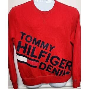 Tommy Hilfiger Denim -Sweatshirt Men M Red Big Logo Spell Out Pullover Crew Neck